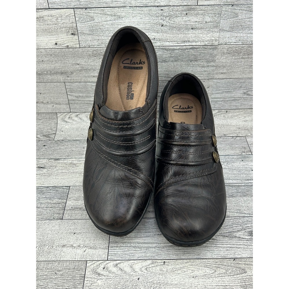 Clarks Collection Cushion Soft Brown Leather Loafers Button Wedge Shoes Women 8M